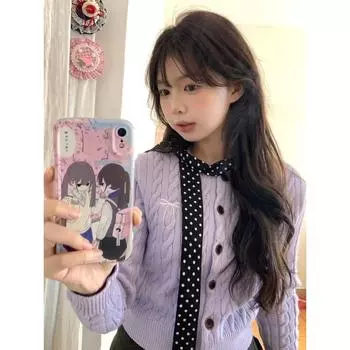 Lilac Purple Twist Knit cardigan Outerwear Women Spring and Autumn Outdoor Sweater 2025 New Korean Series Slim fit Long sleeve Top Purple XL(Suggested 57.50 kg-65.00 kg)