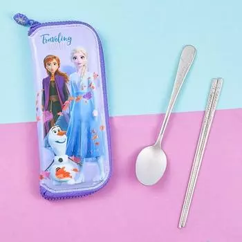 Lilpang Frozen 2 ложки из нержавеющей стали + набор футляров на безопасной молнии, разные цвета, 1 набор, ложка + палочки для еды + футляр
