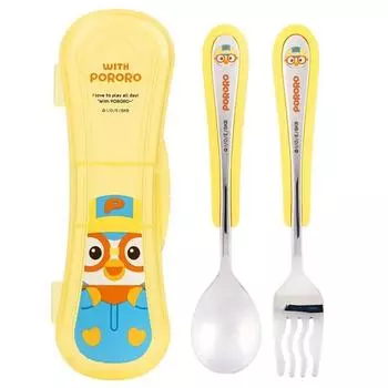 Lilpang Infant Pororo Curly, ложка-вилка из нержавеющей стали, набор футляров с удобным захватом, разные цвета, 1 комплект, футляр + ложка + вилка