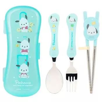Lilpang Sanrio Extreme, палочки для еды из нержавеющей стали, ложка и вилка, футляр 4P, Pochaco, ложка + вилка + корректирующие палочки + футляр, 1 комплект