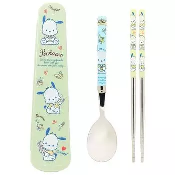 Lilpang Sanrio Junior Pochaco Slim Vacuum Stainless Steel Spoon Set, разноцветные ложки + палочки для еды + чехол, 1 набор, популярная корейская столовая посуда