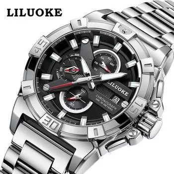 LILUOKE многофункциональные мужские часы со стальным ремешком, светящиеся водонепроницаемые часы, мужские кварцевые часы, мужские часы