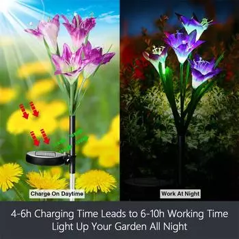 Lily Flowers Solar Light LED Solar Pathway Light Fence Lights Outdoor Waterproof Color Changing Solar Lamp for Yard Garden Pati синий