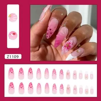 Lily ice flower striped polka dot rose powder gradual change gold beads sweet girl manicure 24 pieces