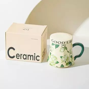 Lily of The Valley Ceramic Water Cup Home Office Large Capacity Coffee Cup Breakfast Cup with Lid Design Coffee Cup 401-500ml