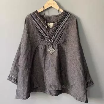 Limiguyue Летние этнические хлопковые льняные блузки женские лоскутные ретро V-образный вырез длинные рукава льняные рубашки повседневные свободные XXXL серый