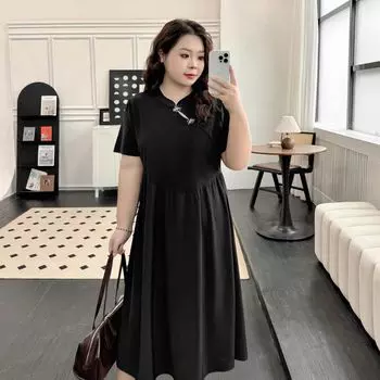 Limited Edition Plus Size Women s Clothing [New Chinese Style Cheongsam Dress] National Style Buckle Puff Sleeves High Waist Fat Cover Black Dress