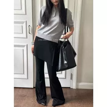 LIMO Slim Fit Faux Two-Piece Bell-Bottom Thirteen Lines Autumn Skirt Pants Small чёрный