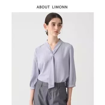 Limonn Drape Work Clothing Professional Three-Quarter Sleeve Chiffon Shirt Women s Interview Minimalist White Ribbon Shirt Summer Wear Fog Blue L