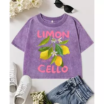 Лимонные Фрукты Виолончель Розовый Принт Буквами Женская Потертая Укороченная Футболка Слим Круглый Вырез Мягкие Топы Хлопок Уличная Одежда M