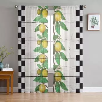 Лимонный фрукт ретро древесное зерно клетчатый прозрачный тюль оконные шторы для гостиной спальни кухни вуалет занавеска украшение дома W135 x H114cm
