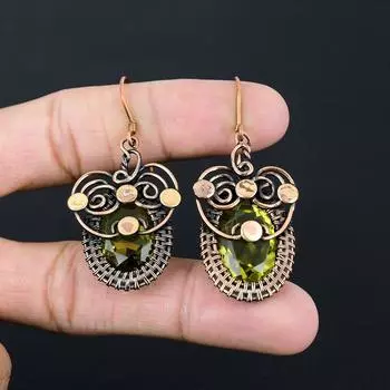 Лимонный топаз, драгоценный камень, серьги ручной работы из чистой медной проволоки, обернутые ювелирные изделия для женщин 2.17 Inches зелёный
