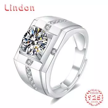 Lindon Мужское классическое кольцо из стерлингового серебра 925 пробы с муассанитом, ювелирные изделия для джентльмена, свадебный подарок для вечеринки 1CT серебряный