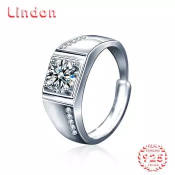 Lindon Мужское классическое кольцо из стерлингового серебра 925 пробы с муассанитом, ювелирные изделия для джентльмена, свадебный подарок для вечеринки 1CT серебряный