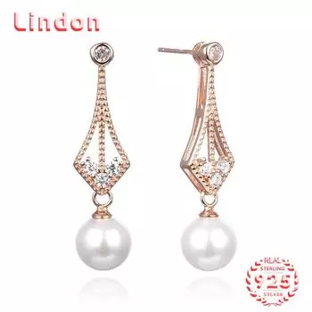 Линдон стерлингового серебра 925 пробы синтетический жемчуг серьги серьги-капли для женщин подарки на свадьбу розового золота