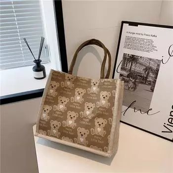 Льняная большая сумка-тоут Bear, модная женская сумка-тоут большой емкости, переносная сумка через плечо хаки