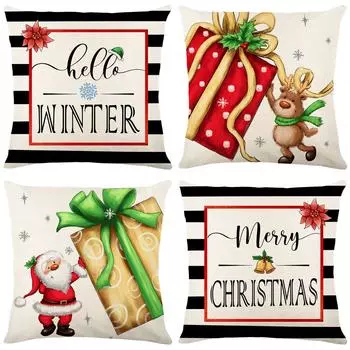 Linen Christmas Pillow Cover Striped Santa Print Home Sofa Cushion Cover Pillow Cover 45*45cm JYM217-1