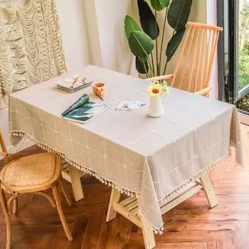 Linen Cotton Embroidery Lattice Tablecloth,Rectangular Dustproof Tassels Table Cover,for Kitchen Dinning Coffee Table Decoration 60x60cm
