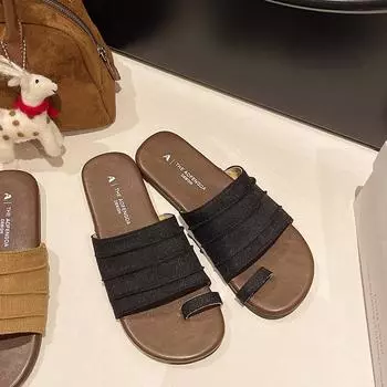 Linen cover toe cool slippers women s new summer flat sandals outer wear fold word beach slippers 35