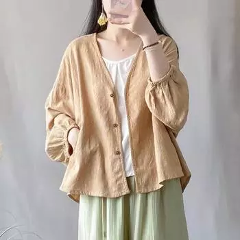 Linen Jacquard Cardigan Sun Protection Clothing Shirt Women s Outer Wear Loose Plus Size Casual Dolman Sleeve Long Sleeves Air Conditioning Shirt Khaki M