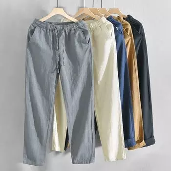 Linen Pants for Men In Summer Loose and Thin Fit Breathable and Ankle Tied Casual Pants Straight Leg M белый