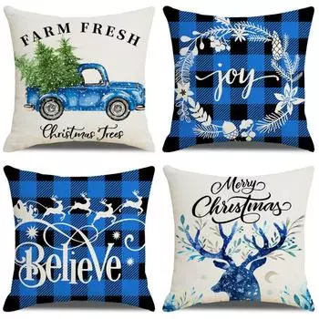 Linen pillowcase Merry Christmas simple plaid Christmas pillowcase cushion cover home soft decoration cushion cover does not include pillow core 45*45cm