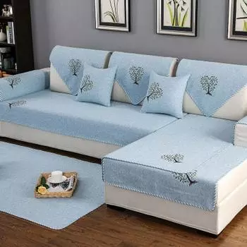 Linen Sofa Cushion Fabric Four Seasons Non-Slip Summer Cotton Linen Sofa Towel Slipcover Armrest Cushion Backrest Towel American Style Lucky Tree Blue Edge 45*45cm pillow case