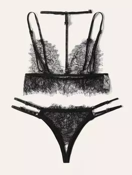Кружевное женское сексуальное черное трехточечное белье S