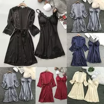 Женское нижнее белье, шелковое кружевное платье-халат, ночная рубашка, комплект для сна, комплект кимоно L чёрный