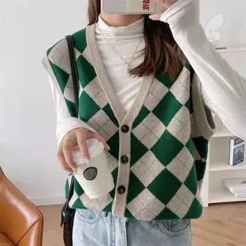 Lingge V-образный вырез трикотажный кардиган майка майка женская осень и зима свободный безрукавный свитер Kangsha Outside The Stacked Tide One size зелёный