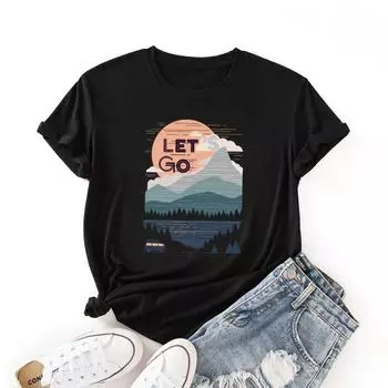 LingMeng Повседневная модная креативная летняя женская футболка с принтом заката, свободные женские топы с круглым вырезом, «Наслаждайся жизнью» S