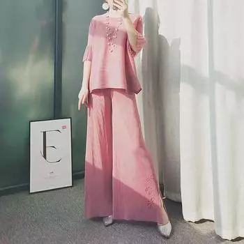 Lingying T8507 Miyake Wide-Leg Pleated Pants Set - Loose Fit with Butterfly Cutouts for Spring/Summer 2025. Available in Stock. One Size