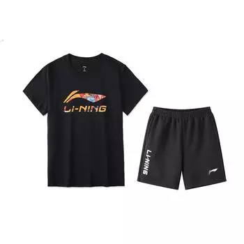 Lining Серия Настольный теннис Футболка с круглым вырезом, с принтом, с коротким рукавом и шорты до колена Повседневный спортивный комплект Мужские комплекты Черный AHSU837-1+AKSU747-1 L