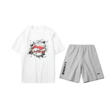 LiNing Удобный топ с круглым вырезом и коротким рукавом, свободный, модный, бриджи, повседневный спортивный костюм, мужские комплекты AHSUA05-1+AKSU747-2 M