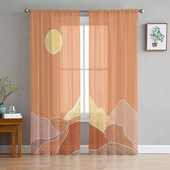 Линия Абстрактные Горные Пейзажи Солнце Прозрачные Шторы Гостиная Окно Тюль Шторы Спальня Вуаль Шторы Декор Роскошные Шторы W135 x H114cm