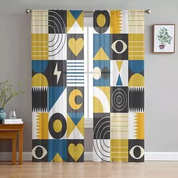 Линия цветных блоков Ретро Тюлевые Шторы Для Гостиной Спальня Вуаль Прозрачная Занавеска Окно Домашний Декор Шторы 135W x 114H(cm)