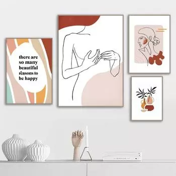 Линия девушки растение луна цитата абстрактное ретро настенное искусство холст живопись для декора гостиной плакаты на скандинавскую тему и принты настенные панно 21*30cm