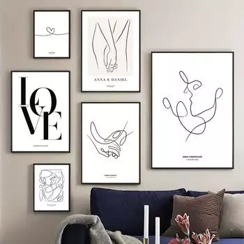 Линия нарисовала пару влюбленных, имя, особая дата, индивидуальные постеры на скандинавскую тему и принты, настенная живопись на холсте, картины для украшения дома A4 21X30cm No Framed