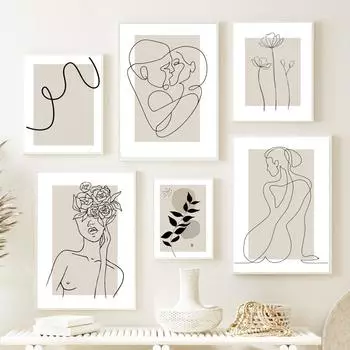 Линия обнаженной девушки с цветком и листом, абстрактная бежевая настенная живопись на холсте, плакаты на скандинавскую тему и принты, настенные панно для декора гостиной A4 21X30cm No Framed