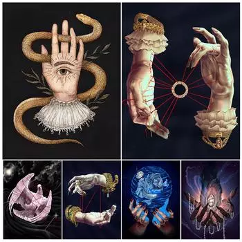 Линия судьбы в руке ведьмы: Ретро фреска Художественный плакат «Холст, боль, абстрактное волшебство и магические элементы» 21cm30cm NoFrame