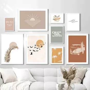 Линия Волна Пляж Пальма Прибой Птица Бохо Плакаты и Принты Холст Картина Скандинавские Настенные Картины Для Гостиной Домашний Декор 21X30cm No Frame