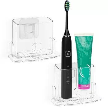 Linkidea 2 Pack Wall Mounted Toothbrush Holder for Bathroom Plastic Transparent Adhesive Wall Mounted Toothbrush Hanger Compatible with Oral B iO