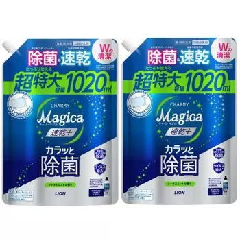 Lion Charmy Magica Средство для мытья посуды Karatto Quick Dry Quick Dry Plus Дезинфицирующее средство для мытья посуды с ароматом цитрусовых и мяты Сменный блок большой емкости 1020 мл x 2