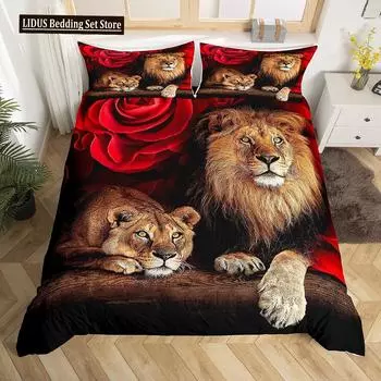 Lion Rose Duvet Cover Sets King Size Animal Floral Print Polyester Comforter Cover Nature Theme Bedding Set For Kids Adult Teens EU single(135x200cm)