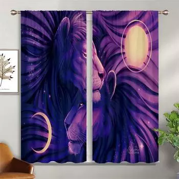 Lion Under The Starry Sky Animal 3d Printing Curtain Rod Pocket Bedroom Living Room Kitchen Four Seasons Decorative Curtain W50xH140(CM)x2PCS&Rod pocket