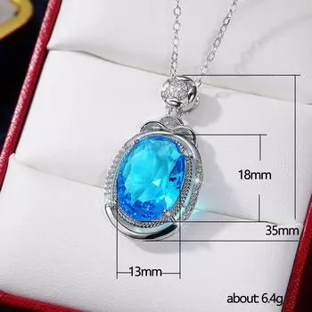 Liontin Kalung Topaz Besar untuk Wanita Penuh Batu Permata Alami S925 Rantai Kerah Titanic Hati Biru Laut Cinta Selamanya Perhiasan 6-7mm