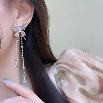 Liquid Butterfly Tassel Earrings Special Interest Light Luxury Stylish Classy Frosty Style Stud Earrings Super Girl Earrings Ear Clips Padded Ear Clip