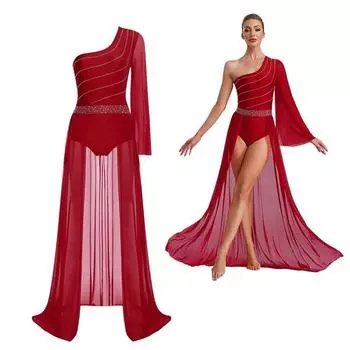 Лирический танцевальный костюм для женщин с расклешенным рукавом на одно плечо, струящийся разрез из прозрачного шифона, накладная юбка, купальник для женщин, танцевальная одежда S красный