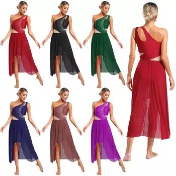 Лирический танцевальный костюм со стразами на одно плечо без рукавов с вырезом асимметричный струящийся макси-платье современное танцевальное платье S бордовый