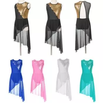 Лирическое балетное платье для современного танца без рукавов с блестками для девочек, сетчатое лоскутное платье-трико с нерегулярным подолом для танцев 5-6 Years чёрный
